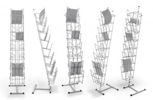 Stand with promotional materials from different species isolated on white background. 3d render image.